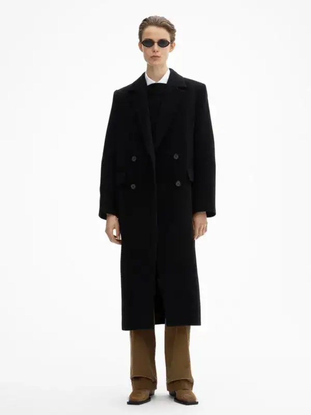 House of Dagmar Minimalist Black Long Double-Breasted Wool Coat
